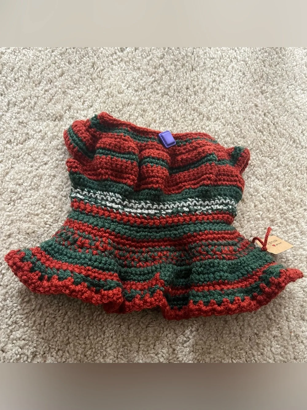 Hand-Crocheted Red & Green Doll Dress – Handmade Doll Outfit Size 10”